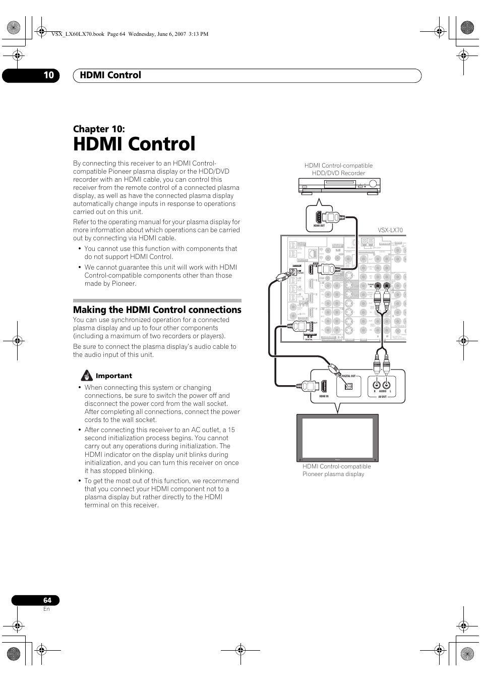 10 hdmi control, Making the hdmi control connections, Hdmi control | Hdmi control 10, Chapter 10 | Pioneer VSX-LX70 User Manual | Page 64 / 99