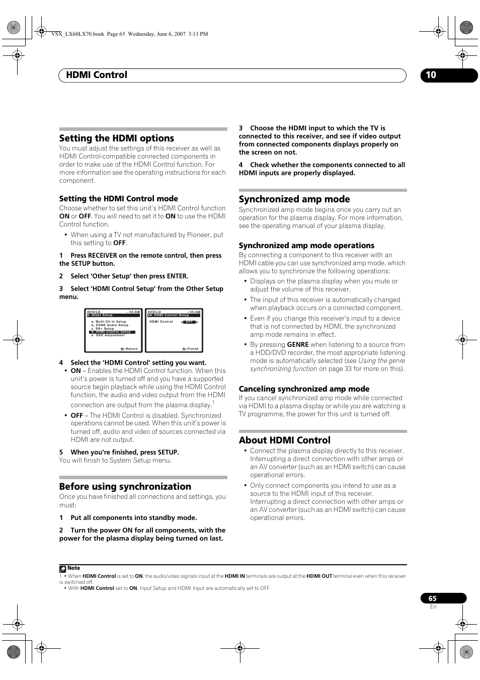 Setting the hdmi options, Setting the hdmi control mode, Before using synchronization synchronized amp mode | About hdmi control, Hdmi control 10, Before using synchronization, Synchronized amp mode | Pioneer VSX-LX70 User Manual | Page 65 / 99