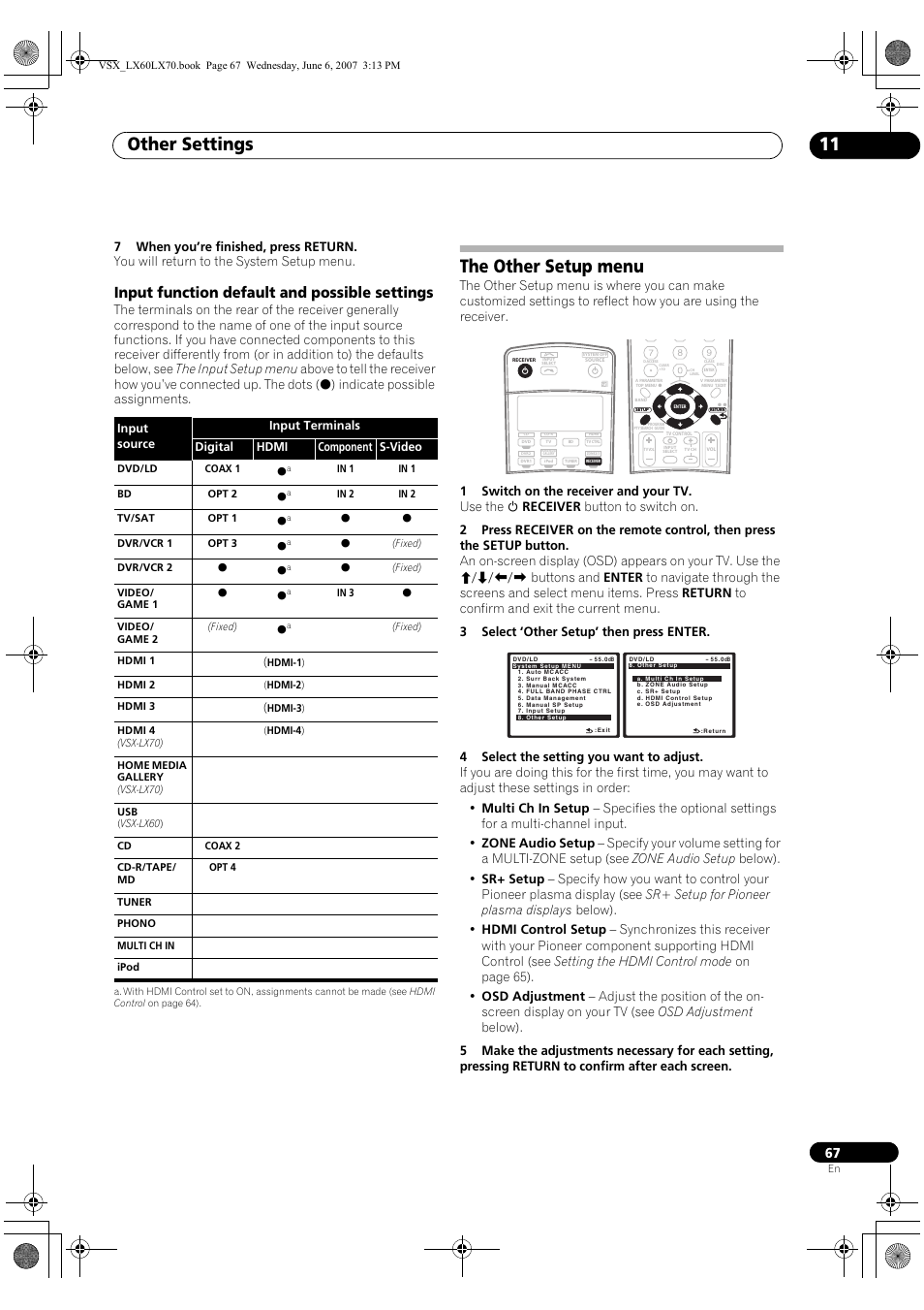 Input function default and possible settings, The other setup menu, Other settings 11 | Pioneer VSX-LX70 User Manual | Page 67 / 99
