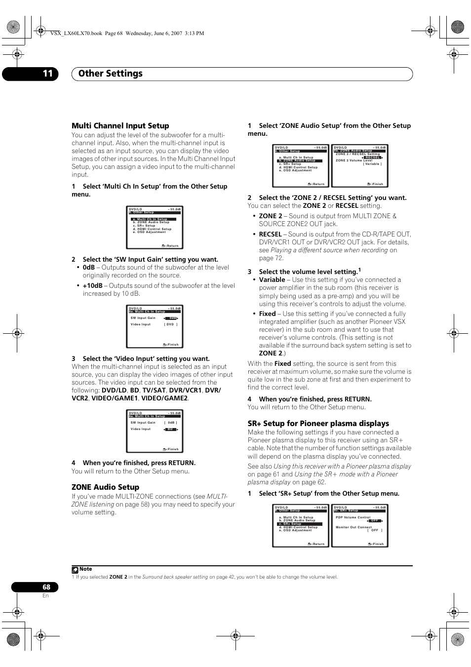 Other settings 11, Multi channel input setup, Zone audio setup | Sr+ setup for pioneer plasma displays | Pioneer VSX-LX70 User Manual | Page 68 / 99