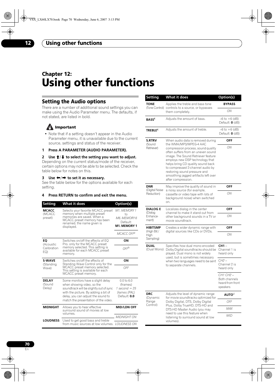 12 using other functions, Setting the audio options, Using other functions | Using other functions 12, Chapter 12 | Pioneer VSX-LX70 User Manual | Page 70 / 99