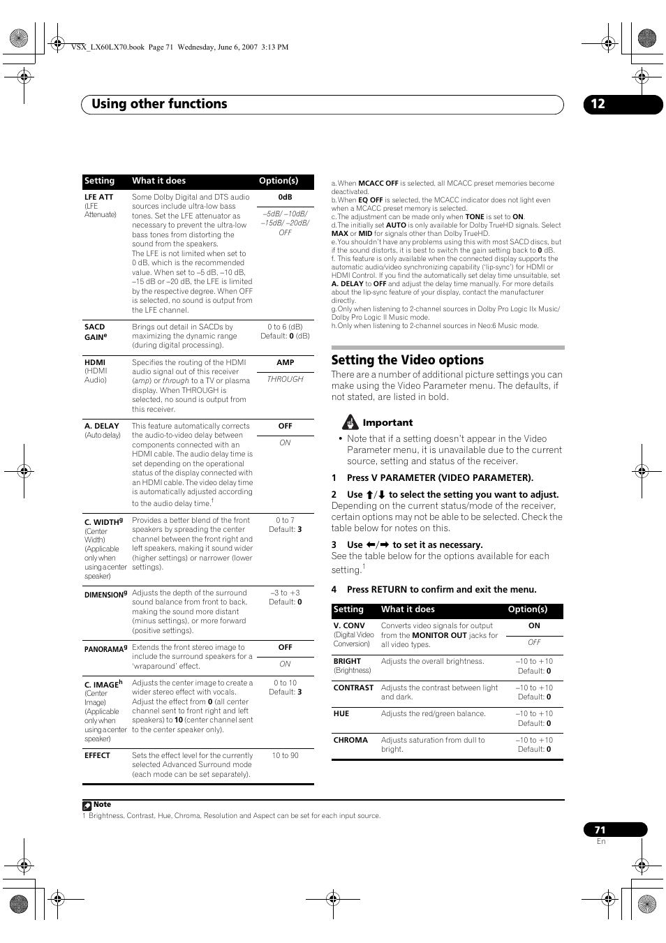 Setting the video options, Using other functions 12 | Pioneer VSX-LX70 User Manual | Page 71 / 99