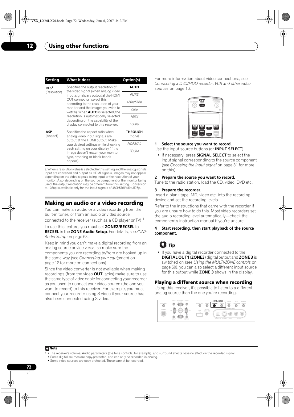 Making an audio or a video recording, Playing a different source when recording, Using other functions 12 | Pioneer VSX-LX70 User Manual | Page 72 / 99