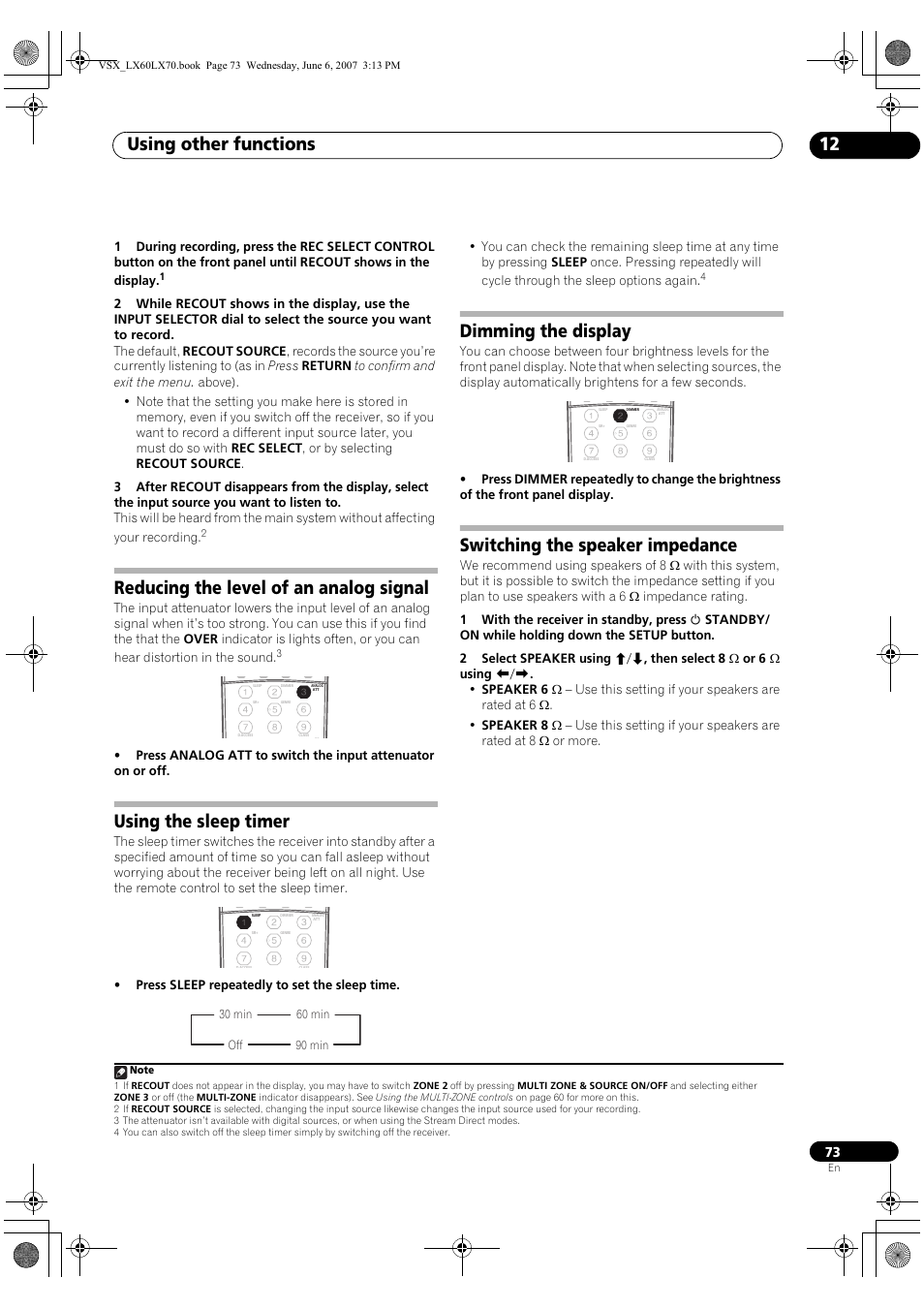 Using other functions 12, Reducing the level of an analog signal, Using the sleep timer | Dimming the display, Switching the speaker impedance | Pioneer VSX-LX70 User Manual | Page 73 / 99