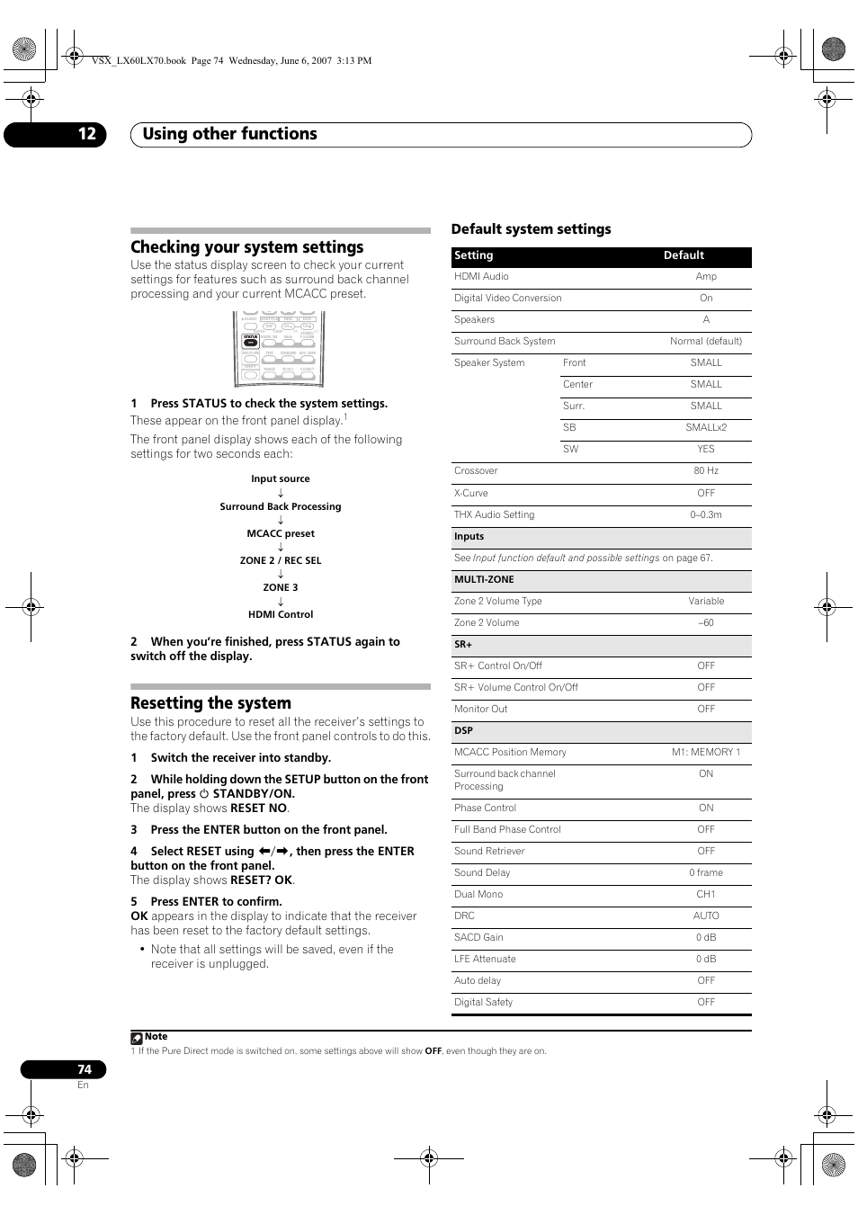 Checking your system settings resetting the system, Default system settings, Using other functions 12 | Checking your system settings, Resetting the system | Pioneer VSX-LX70 User Manual | Page 74 / 99