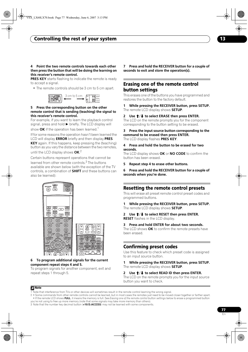 Controlling the rest of your system 13, Erasing one of the remote control button settings, Resetting the remote control presets | Confirming preset codes | Pioneer VSX-LX70 User Manual | Page 77 / 99