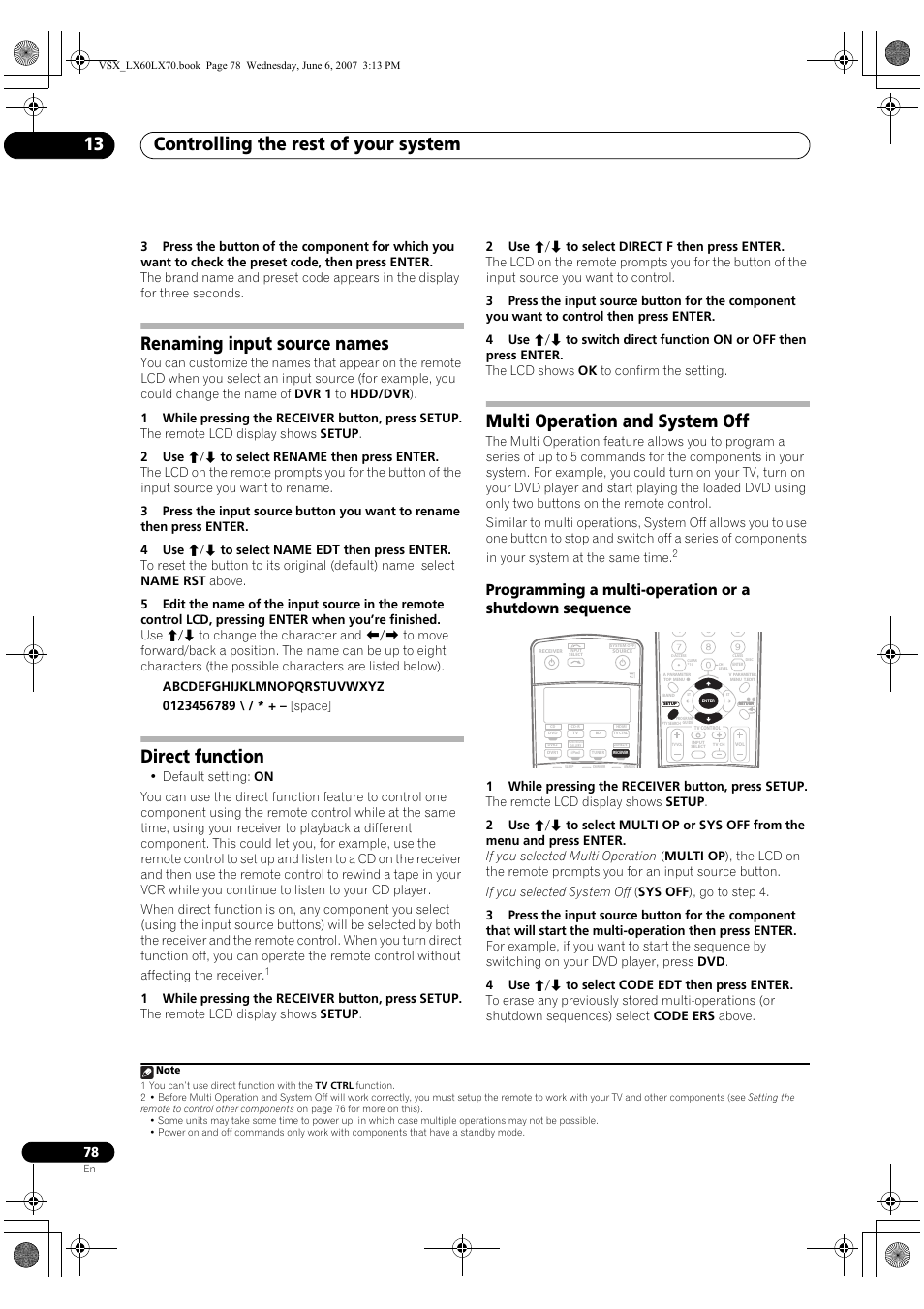 Controlling the rest of your system 13, Renaming input source names, Direct function | Multi operation and system off | Pioneer VSX-LX70 User Manual | Page 78 / 99