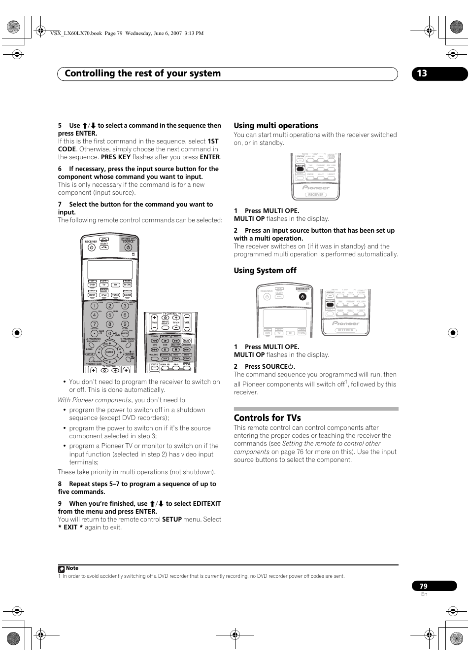 Using multi operations using system off, Controls for tvs, Controlling the rest of your system 13 | Using multi operations, Using system off, Followed by this receiver | Pioneer VSX-LX70 User Manual | Page 79 / 99