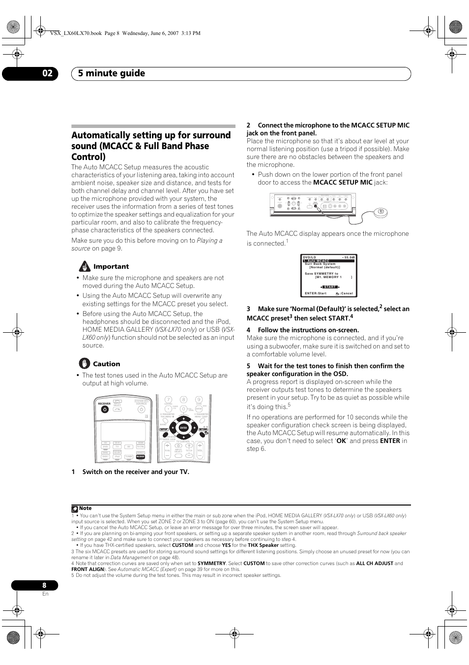 5 minute guide 02, 3make sure ‘normal (default)’ is selected, Select an mcacc preset | Then select start | Pioneer VSX-LX70 User Manual | Page 8 / 99