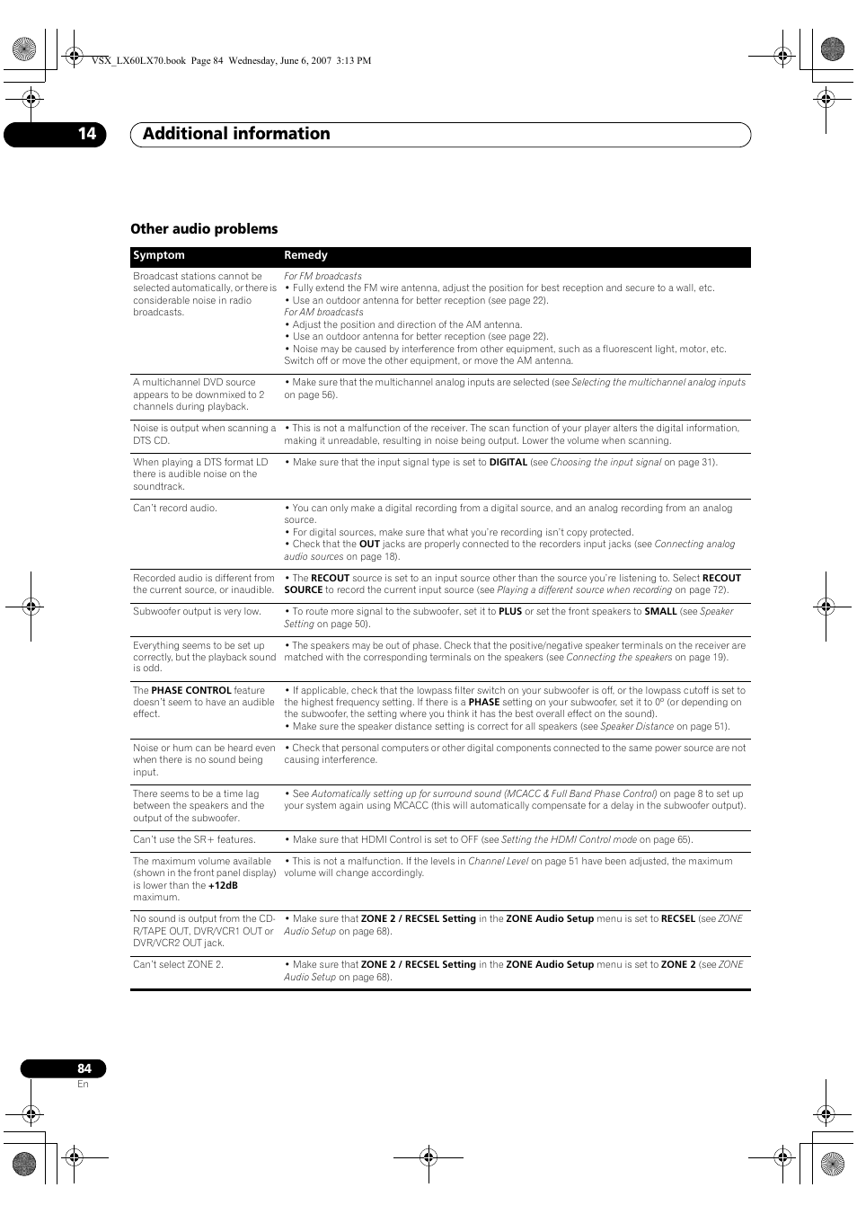 Other audio problems, Additional information 14 | Pioneer VSX-LX70 User Manual | Page 84 / 99