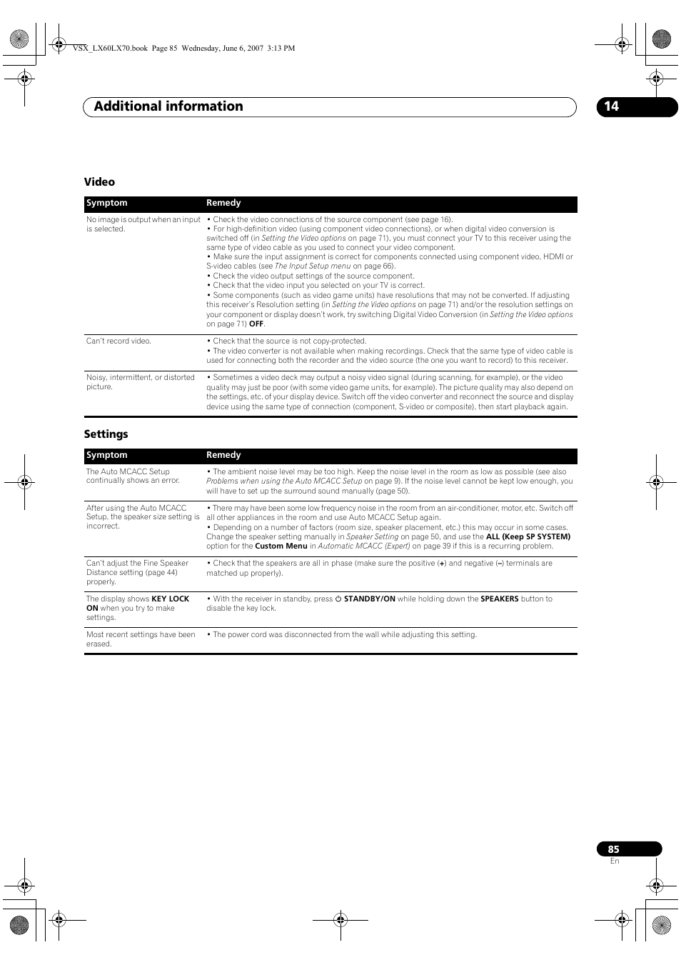 Video settings, Additional information 14 | Pioneer VSX-LX70 User Manual | Page 85 / 99