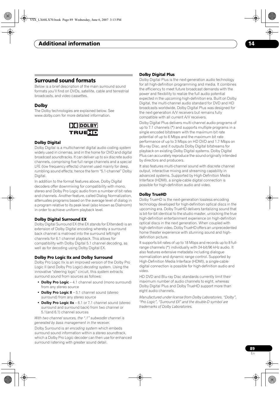 Surround sound formats, Dolby, Additional information 14 | Pioneer VSX-LX70 User Manual | Page 89 / 99