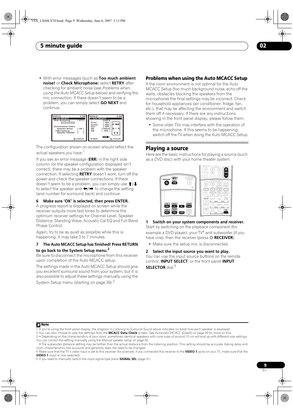 Problems when using the auto mcacc setup, Playing a source, 5 minute guide 02 | Pioneer VSX-LX70 User Manual | Page 9 / 99