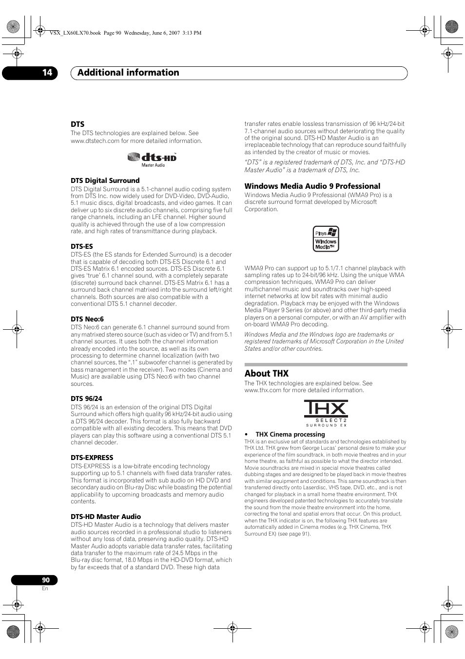 Dts windows media audio 9 professional, About thx, Additional information 14 | Pioneer VSX-LX70 User Manual | Page 90 / 99