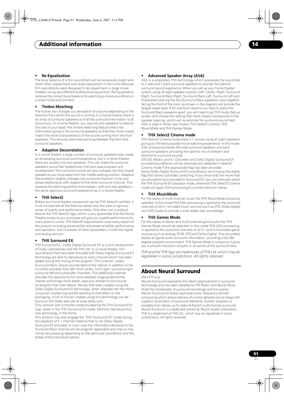 About neural surround, Additional information 14 | Pioneer VSX-LX70 User Manual | Page 91 / 99