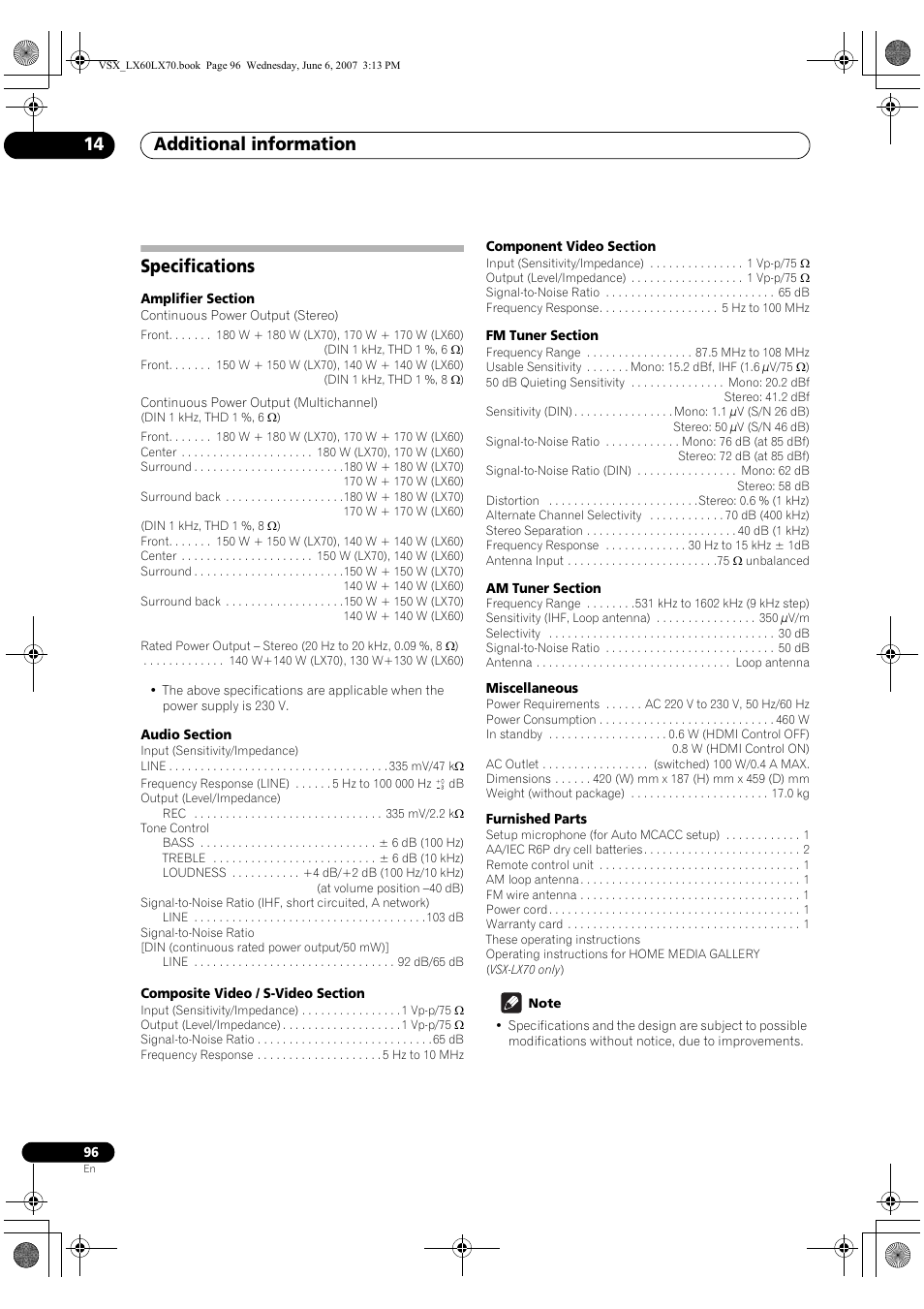 Specifications, Additional information 14 | Pioneer VSX-LX70 User Manual | Page 96 / 99