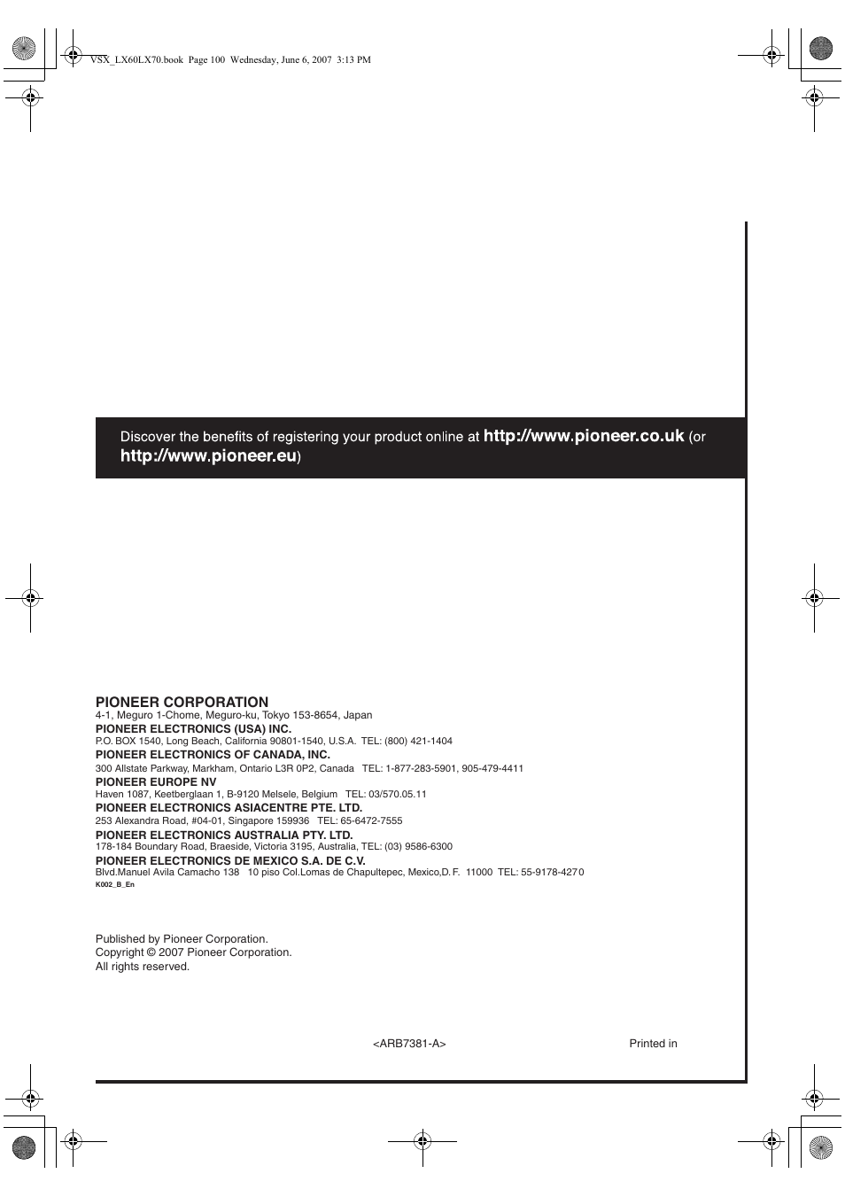 Pioneer corporation | Pioneer VSX-LX70 User Manual | Page 99 / 99