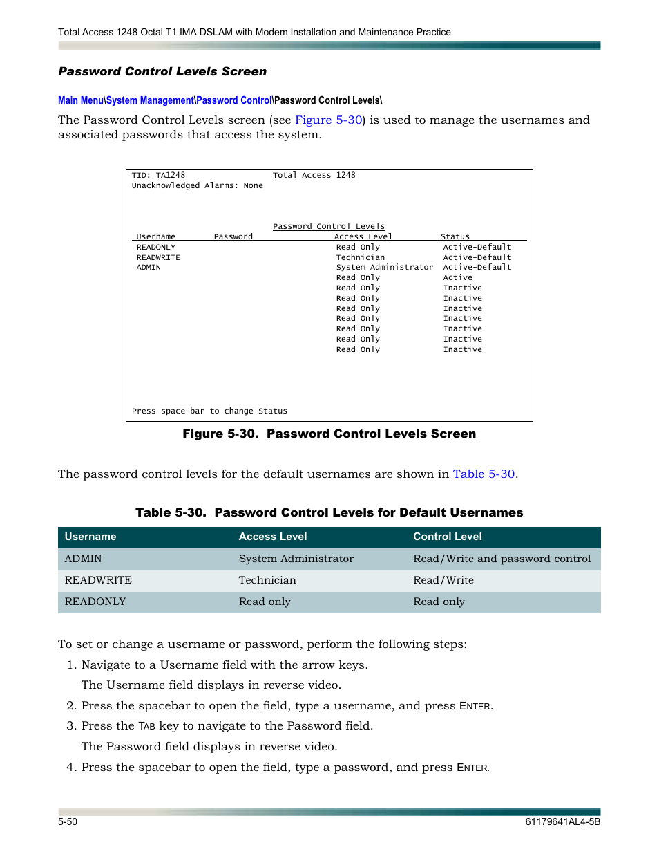 Password control levels screen, Password control levels screen -50, Figure 5-30. password control levels screen -50 | Table 5-30, Password control levels for default usernames -50, Lays the, Password control levels, Screen | ADTRAN 1248 User Manual | Page 102 / 236