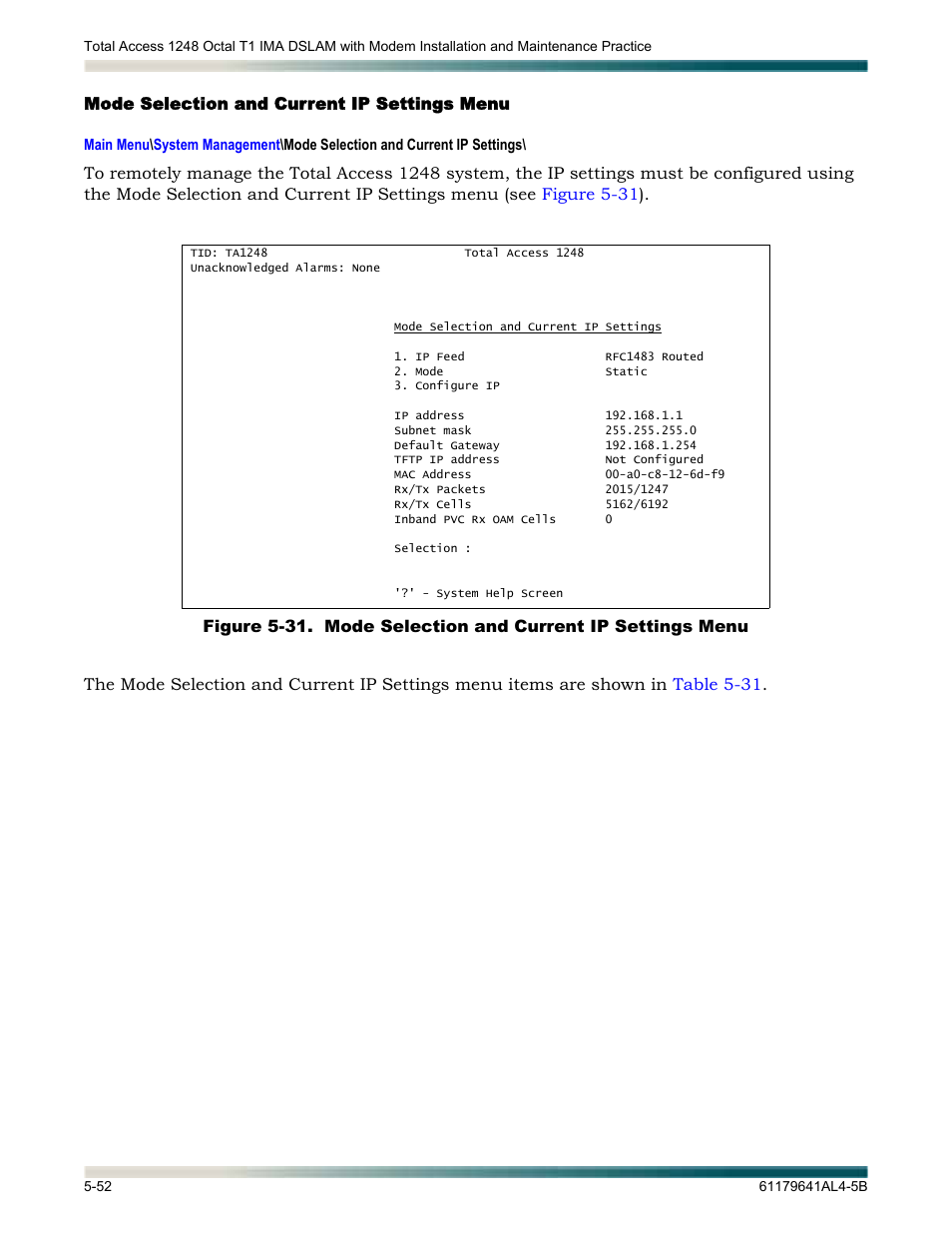 Mode selection and current ip settings menu, Mode selection and current ip settings menu -52, Mode selection and current ip | Settings menu | ADTRAN 1248 User Manual | Page 104 / 236