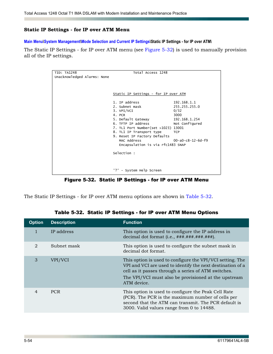 Static ip settings - for ip over atm menu, Static ip settings - for ip over atm menu -54, Table 5-32 | ADTRAN 1248 User Manual | Page 106 / 236