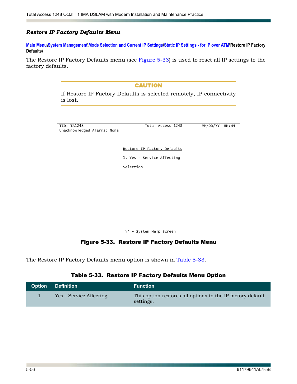 Restore ip factory defaults menu, Restore ip factory defaults menu -56, Figure 5-33. restore ip factory defaults menu -56 | Table 5-33, Restore ip factory defaults menu option -56 | ADTRAN 1248 User Manual | Page 108 / 236