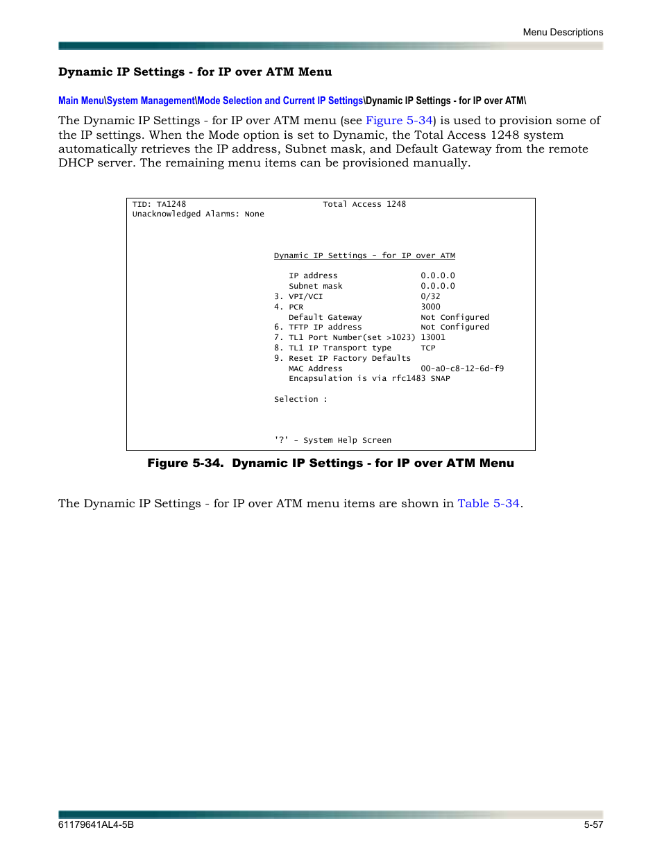 Dynamic ip settings - for ip over atm menu, Dynamic ip settings - for ip over atm menu -57 | ADTRAN 1248 User Manual | Page 109 / 236
