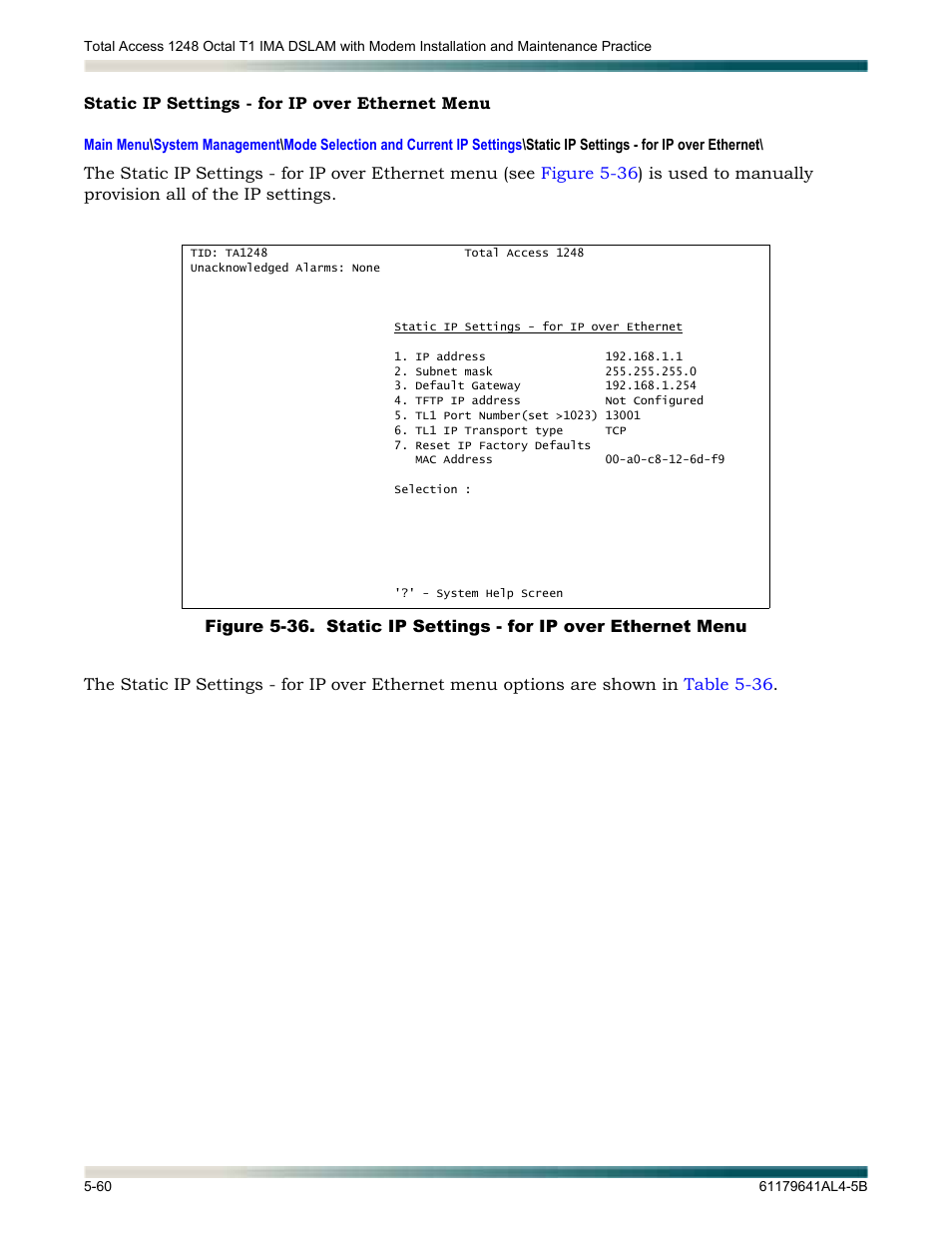Static ip settings - for ip over ethernet menu, Static ip settings - for ip over ethernet menu -60 | ADTRAN 1248 User Manual | Page 112 / 236