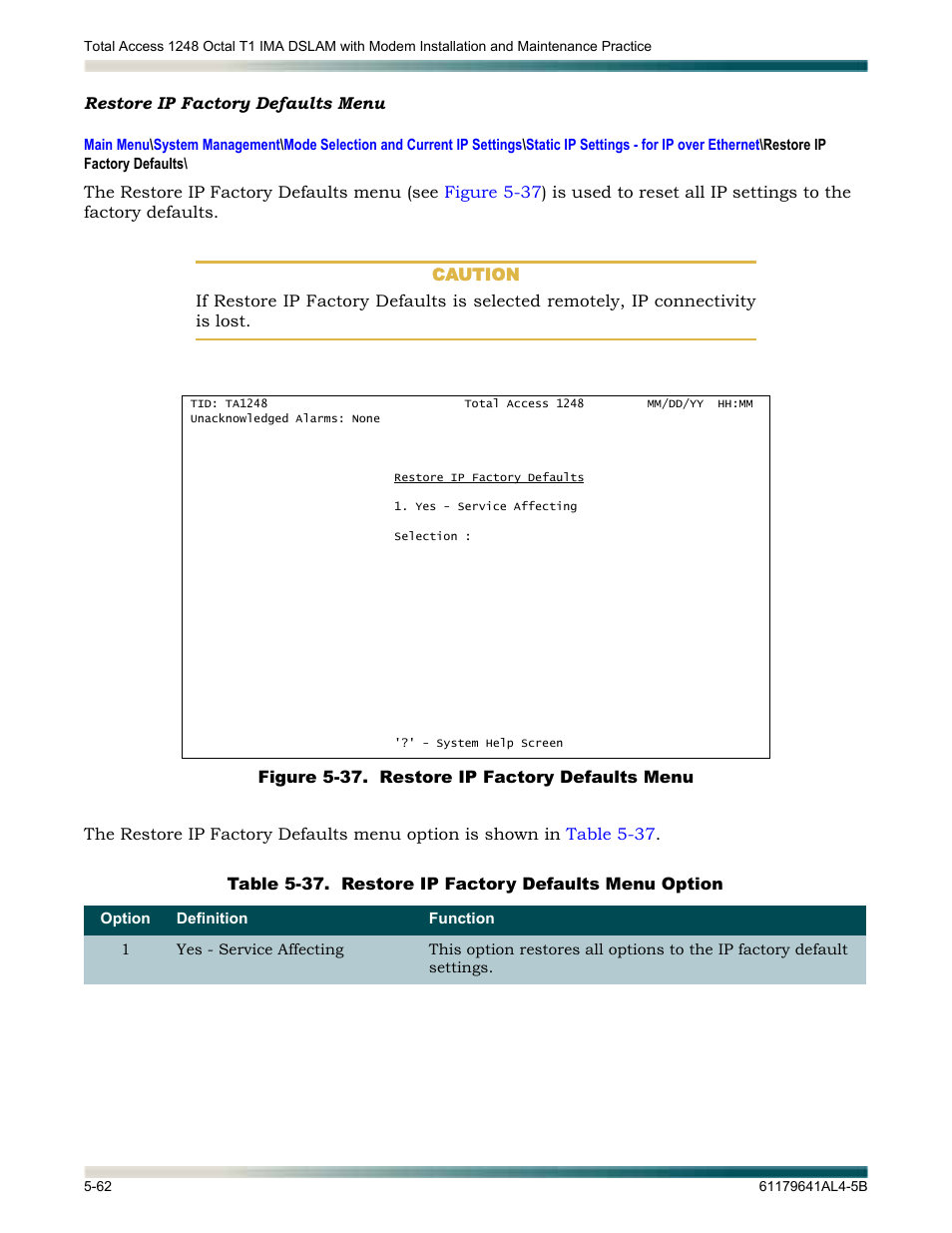 Restore ip factory defaults menu, Restore ip factory defaults menu -62, Figure 5-37. restore ip factory defaults menu -62 | Table 5-37, Restore ip factory defaults menu option -62 | ADTRAN 1248 User Manual | Page 114 / 236