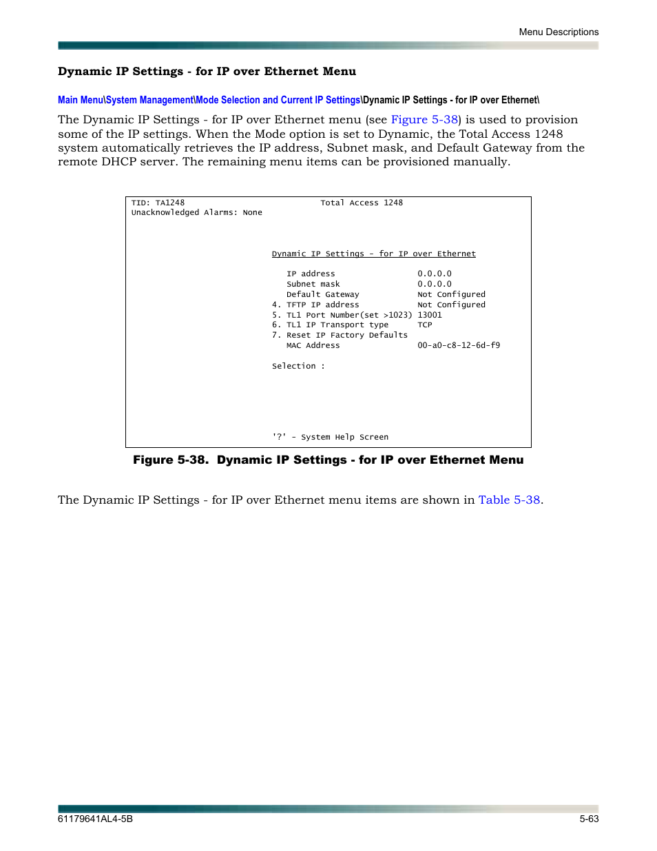 Dynamic ip settings - for ip over ethernet menu | ADTRAN 1248 User Manual | Page 115 / 236