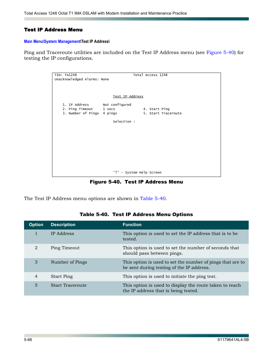 Test ip address menu, Test ip address menu -66, Figure 5-40. test ip address menu -66 | Table 5-40, Test ip address menu options -66 | ADTRAN 1248 User Manual | Page 118 / 236