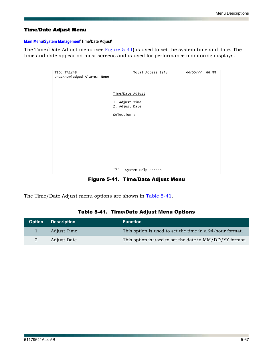 Time/date adjust menu, Time/date adjust menu -67, Figure 5-41. time/date adjust menu -67 | Table 5-41, Time/date adjust menu options -67 | ADTRAN 1248 User Manual | Page 119 / 236