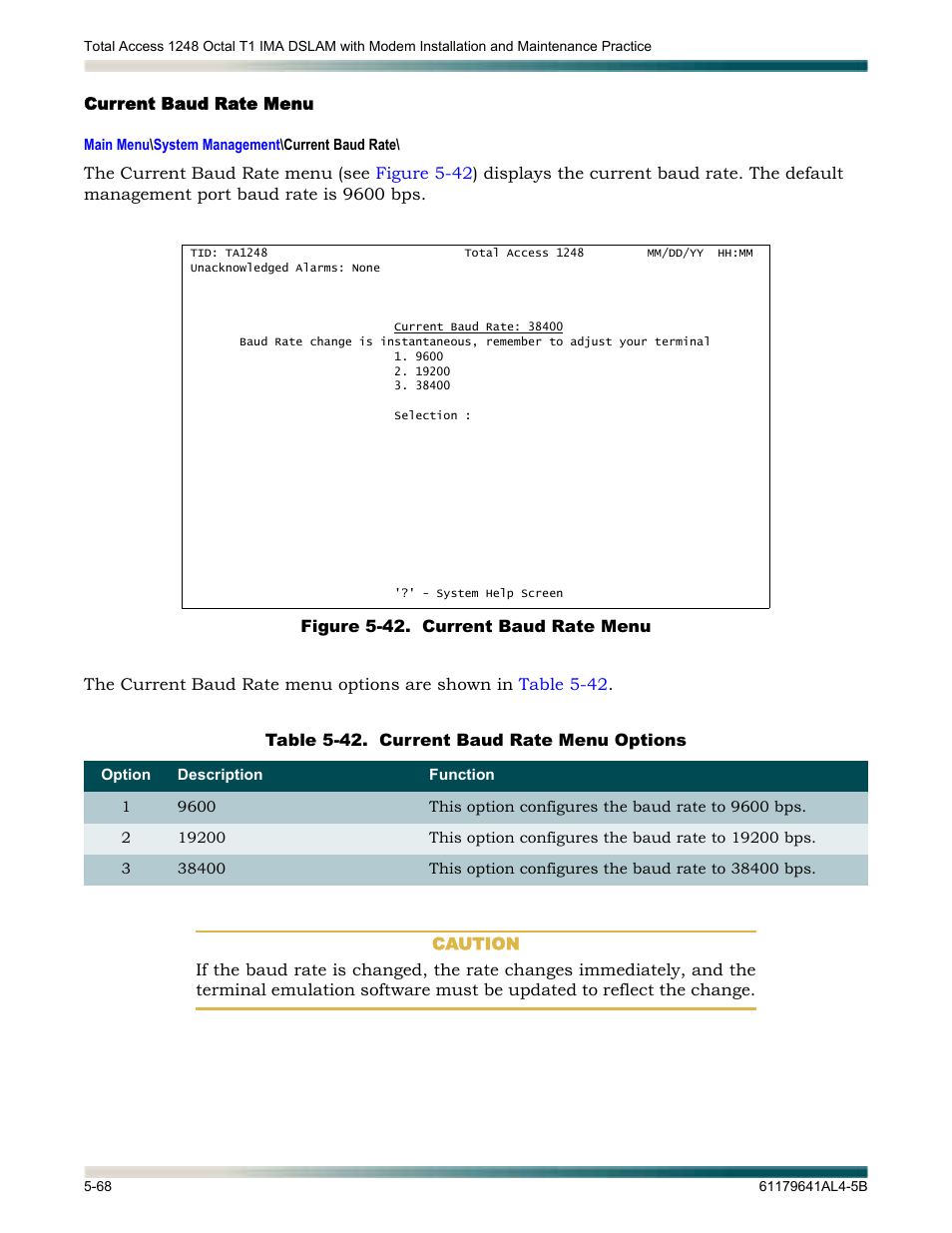 Current baud rate menu, Current baud rate menu -68, Figure 5-42. current baud rate menu -68 | Table 5-42, Current baud rate menu options -68 | ADTRAN 1248 User Manual | Page 120 / 236