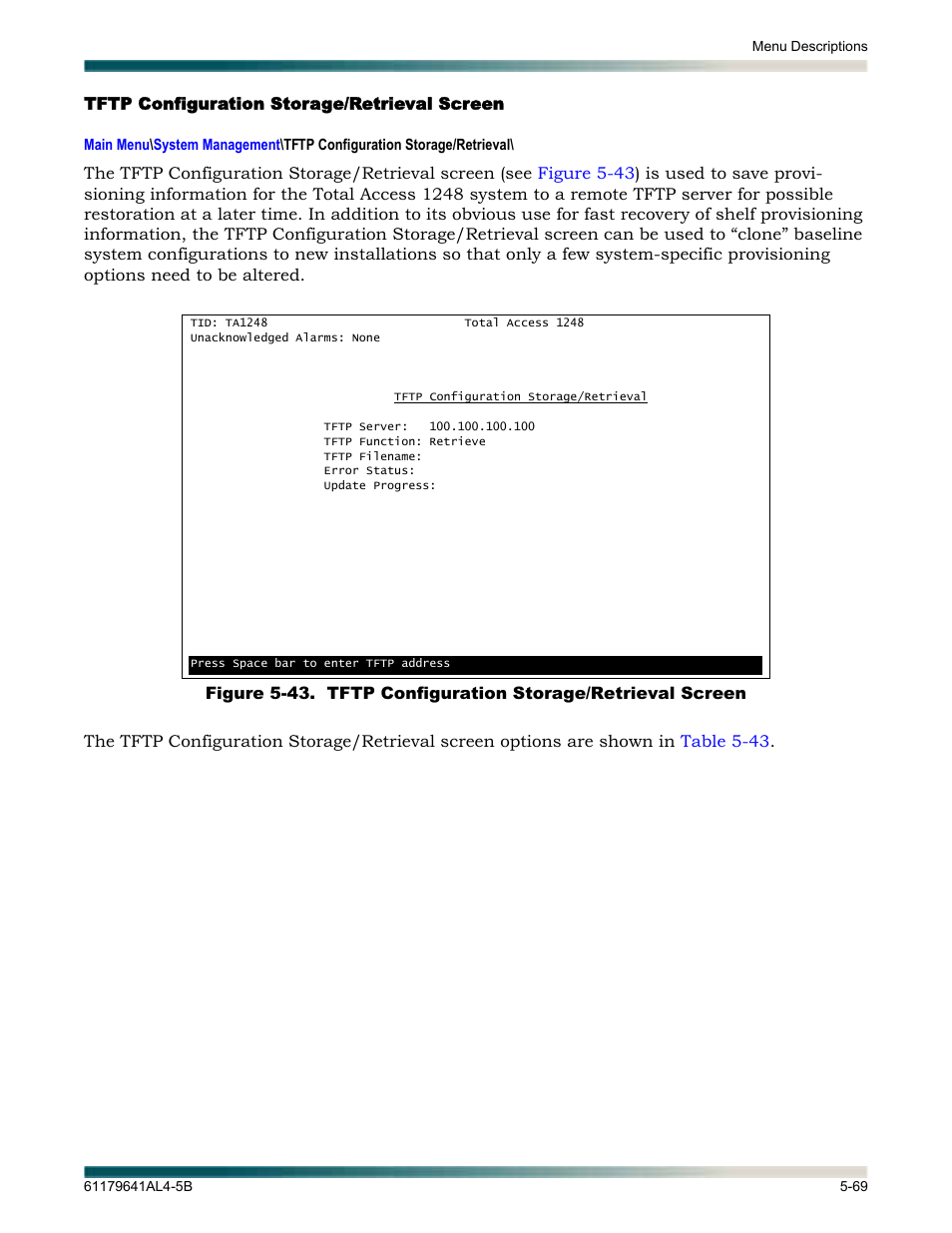 Tftp configuration storage/retrieval screen, Tftp configuration storage/retrieval screen -69, Tftp configuration storage | Retrieval screen | ADTRAN 1248 User Manual | Page 121 / 236