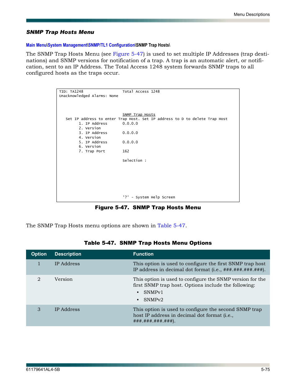 Snmp trap hosts menu, Snmp trap hosts menu -75, Figure 5-47. snmp trap hosts menu -75 | Table 5-47, Snmp trap hosts menu options -75 | ADTRAN 1248 User Manual | Page 127 / 236