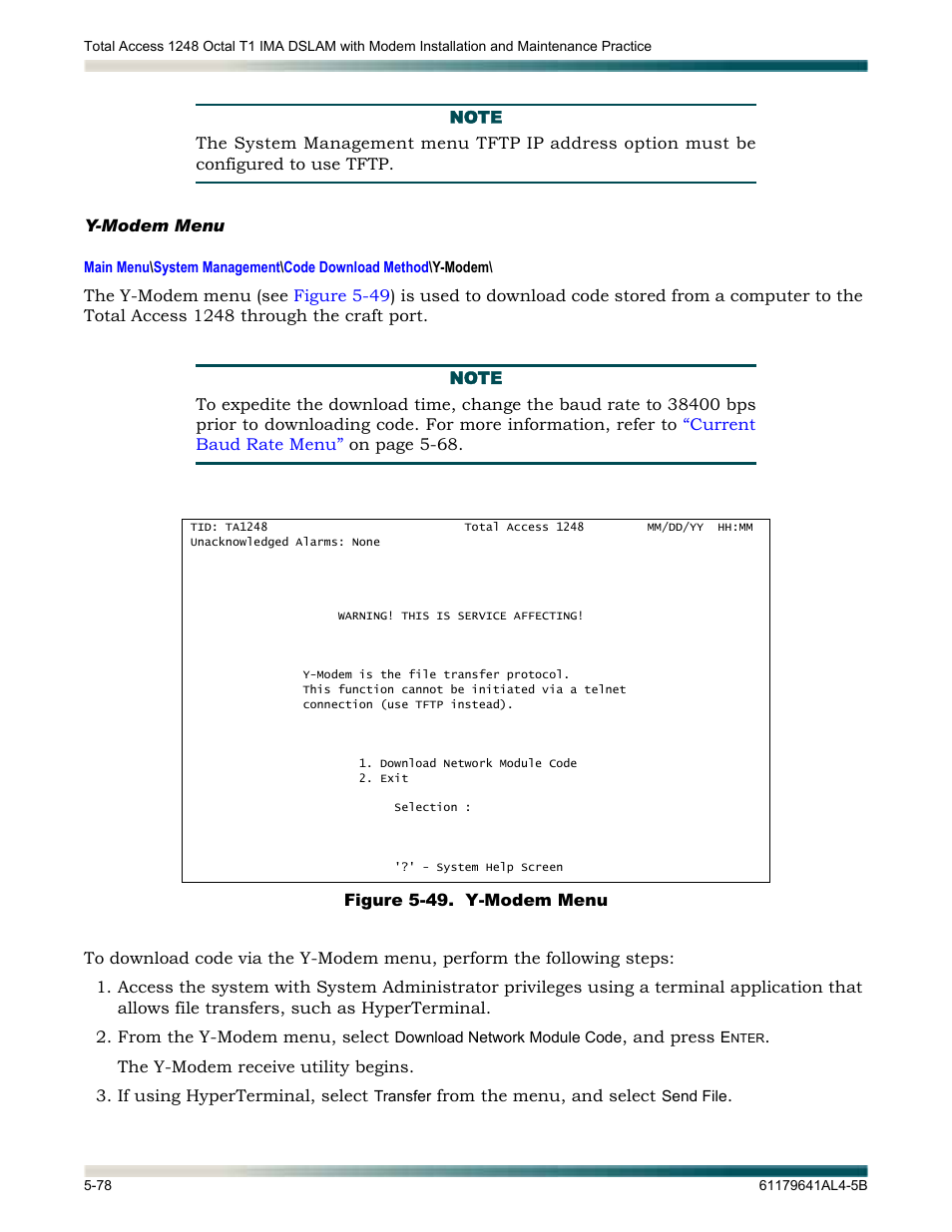 Y-modem menu, Y-modem menu -78, Figure 5-49. y-modem menu -78 | Tion displays the | ADTRAN 1248 User Manual | Page 130 / 236