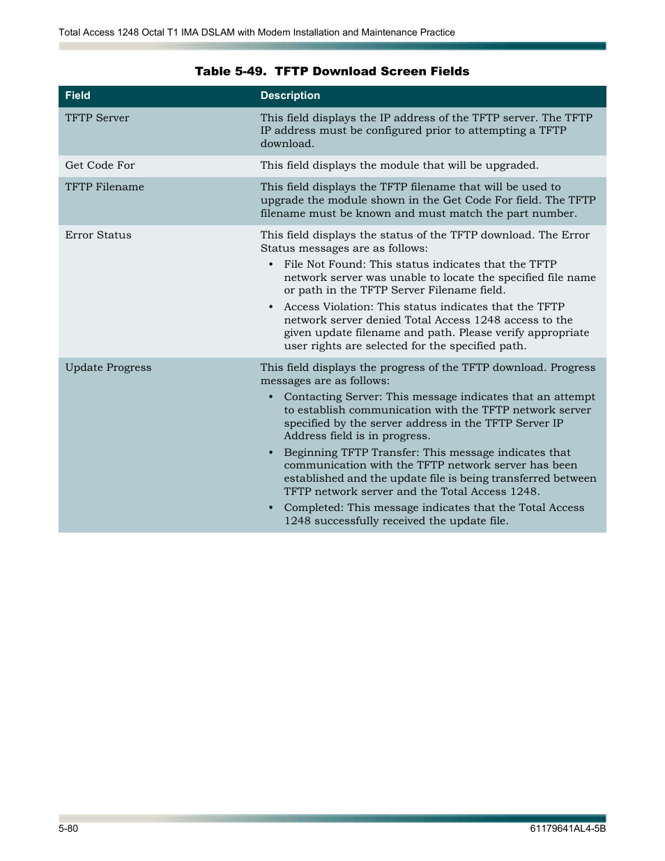 Table 5-49, Tftp download screen fields -80 | ADTRAN 1248 User Manual | Page 132 / 236