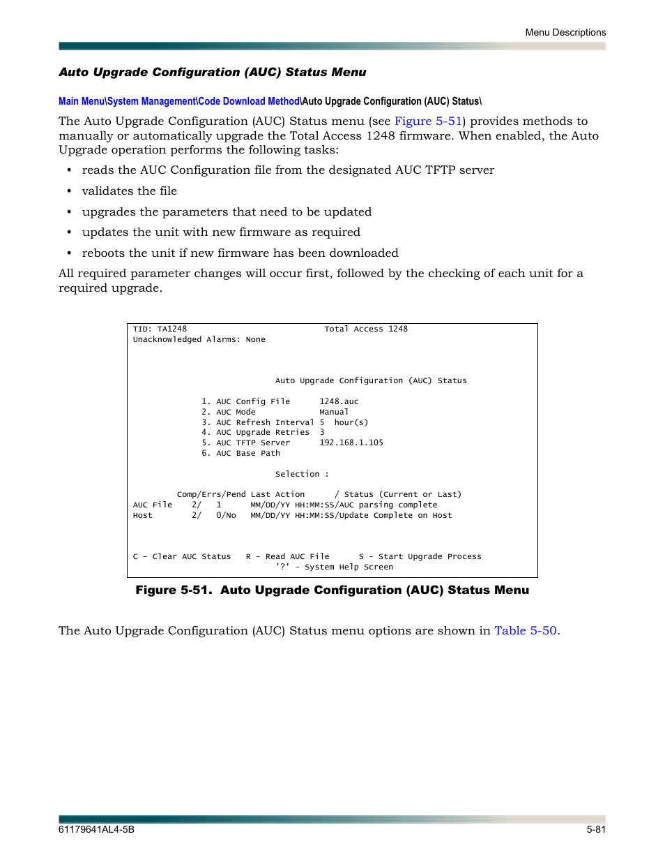 Auto upgrade configuration (auc) status menu, Auto upgrade configuration (auc) status menu -81, Auto upgrade configuration | Auc) status menu | ADTRAN 1248 User Manual | Page 133 / 236