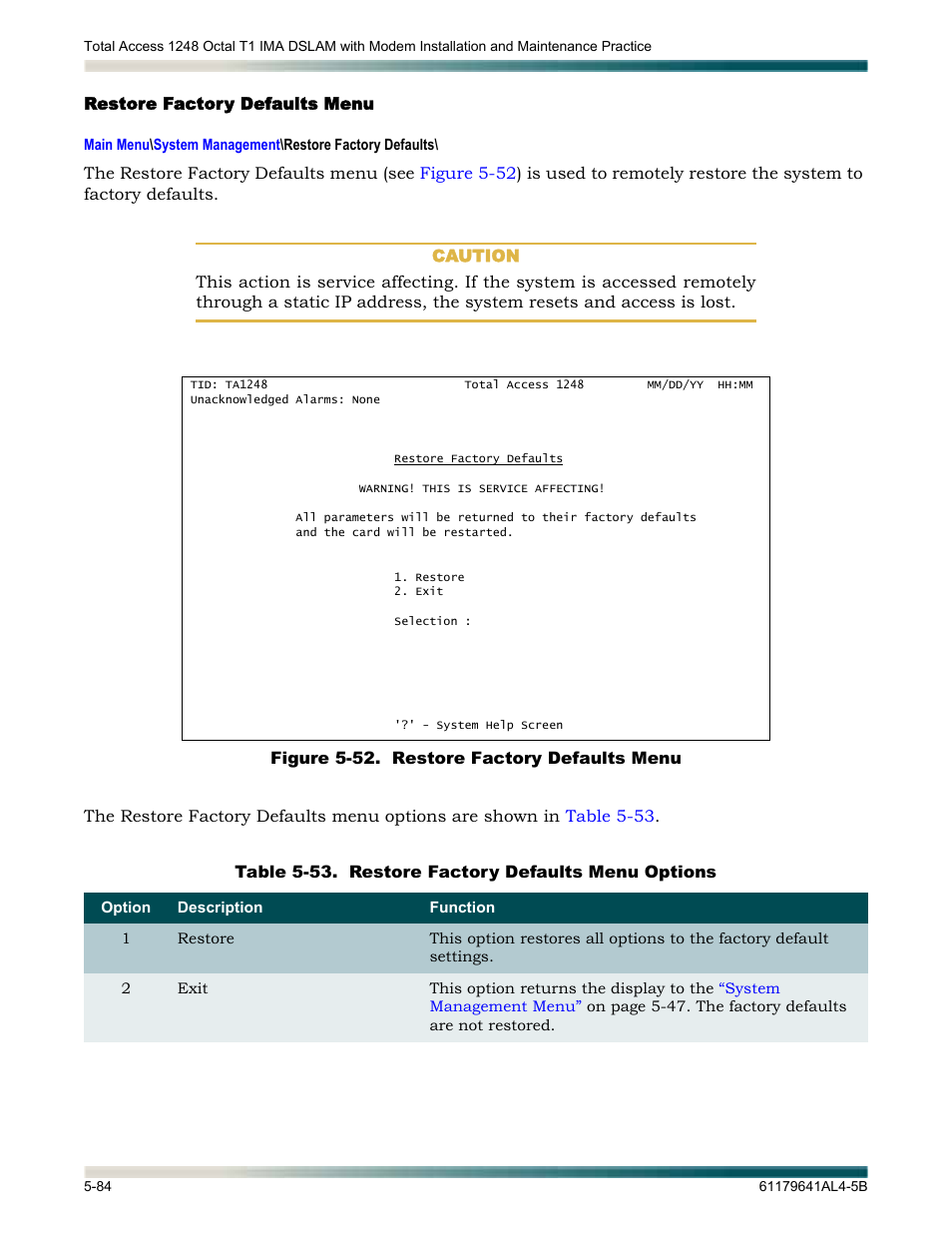 Restore factory defaults menu, Restore factory defaults menu -84, Figure 5-52. restore factory defaults menu -84 | Table 5-53, Restore factory defaults menu options -84, Restore factory defaults, Menu | ADTRAN 1248 User Manual | Page 136 / 236