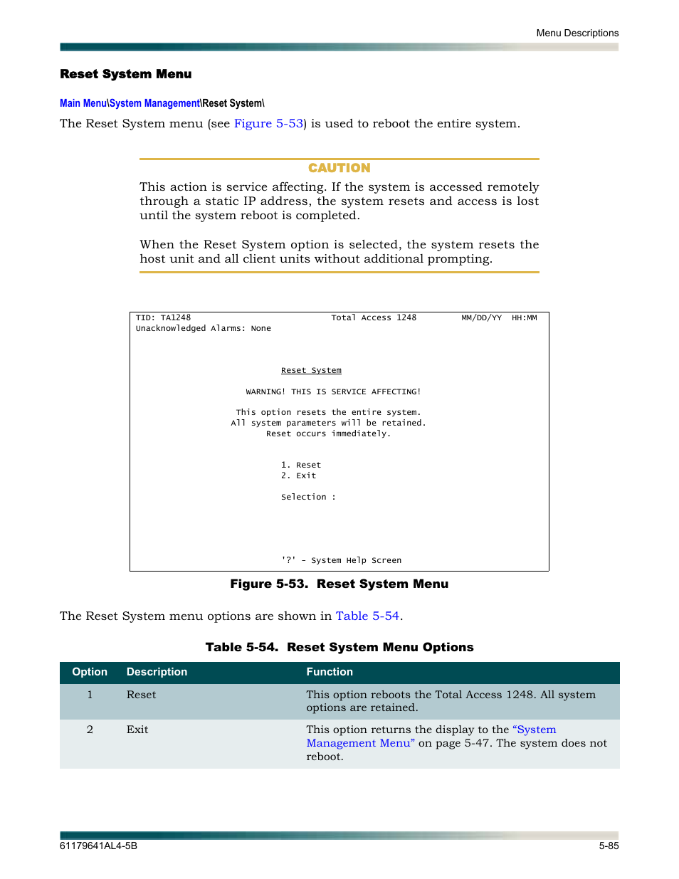 Reset system menu, Reset system menu -85, Figure 5-53. reset system menu -85 | Table 5-54, Reset system menu options -85 | ADTRAN 1248 User Manual | Page 137 / 236