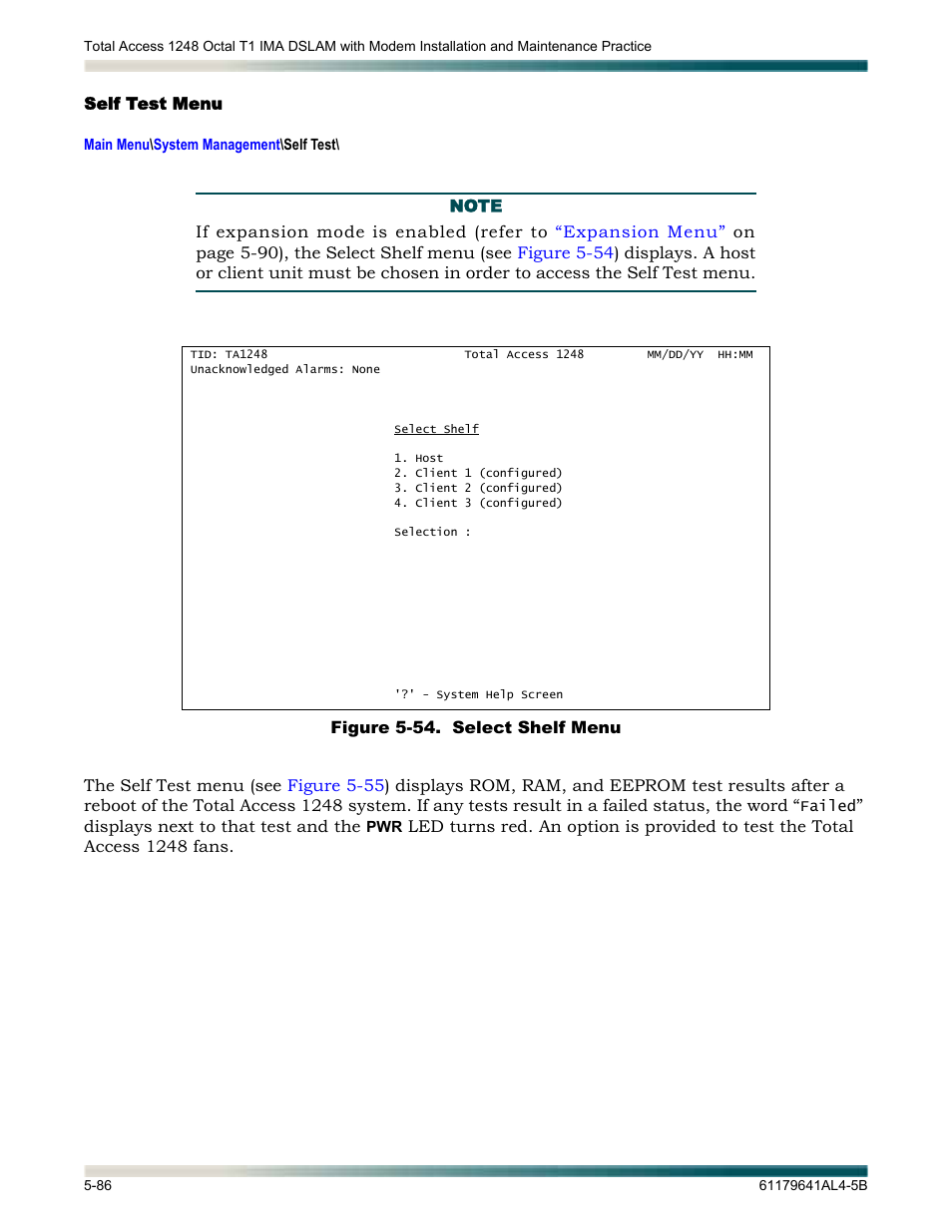 Self test menu, Self test menu -86, Figure 5-54. select shelf menu -86 | ADTRAN 1248 User Manual | Page 138 / 236