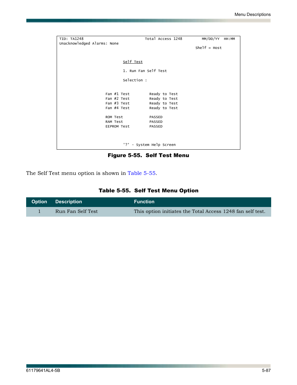 Figure 5-55. self test menu -87, Table 5-55, Self test menu option -87 | Figure 5-55, Displays rom, ram, and | ADTRAN 1248 User Manual | Page 139 / 236