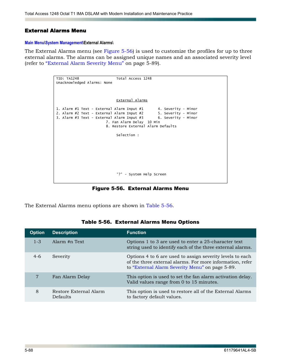 External alarms menu, External alarms menu -88, Figure 5-56. external alarms menu -88 | Table 5-56, External alarms menu options -88 | ADTRAN 1248 User Manual | Page 140 / 236
