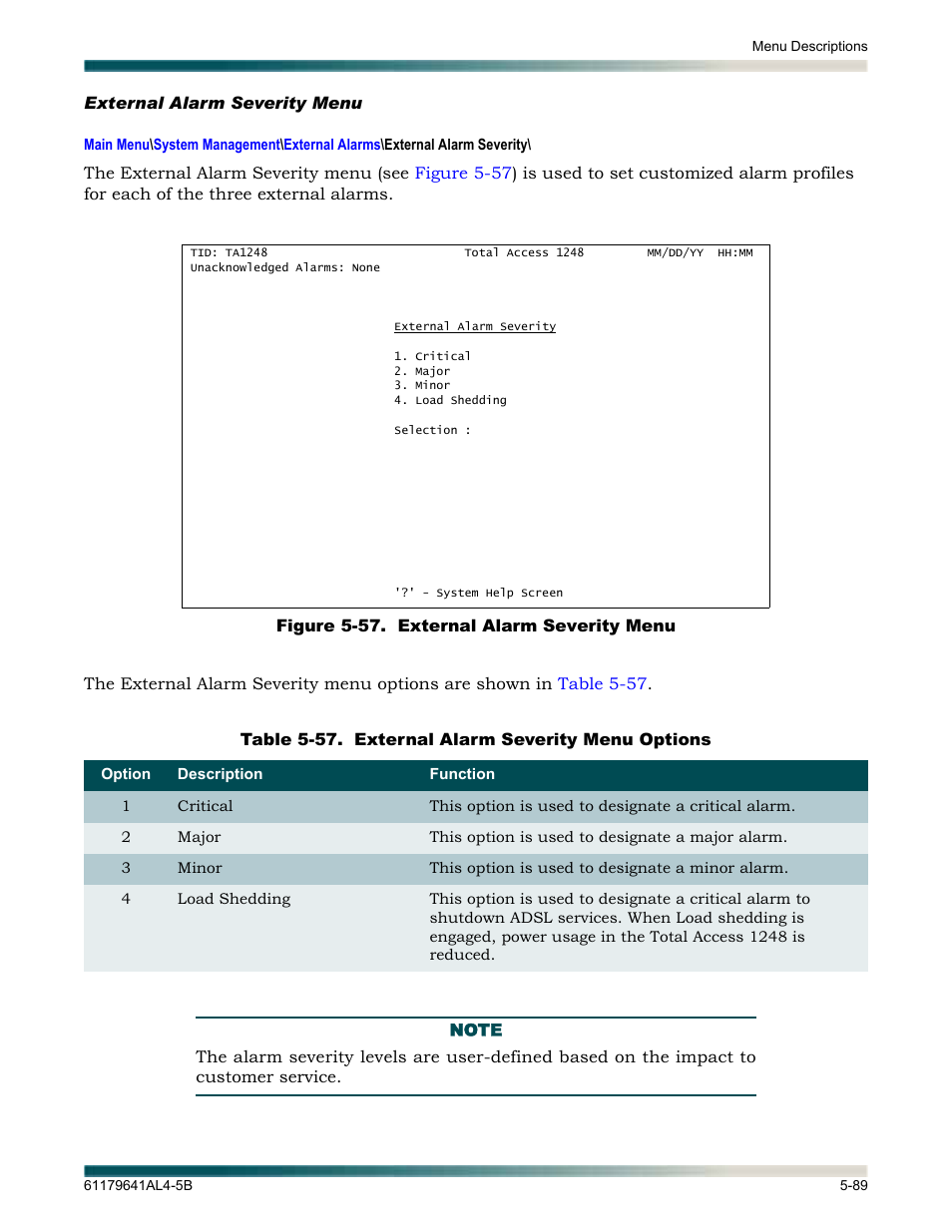 External alarm severity menu, External alarm severity menu -89, Figure 5-57. external alarm severity menu -89 | Table 5-57, External alarm severity menu options -89 | ADTRAN 1248 User Manual | Page 141 / 236