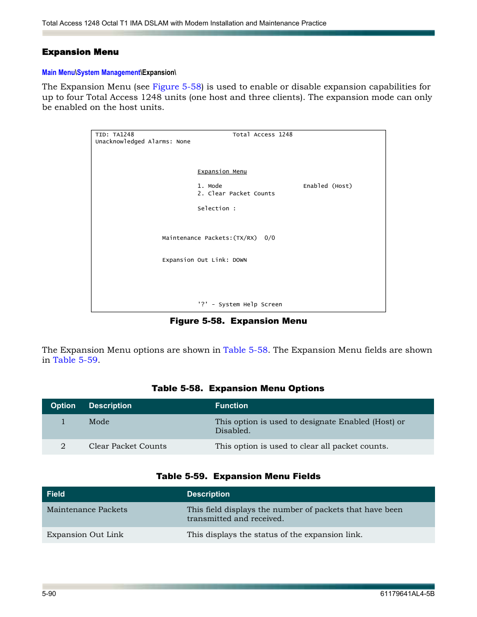 Expansion menu, Expansion menu -90, Figure 5-58. expansion menu -90 | Table 5-58, Expansion menu options -90, Table 5-59, Expansion menu fields -90 | ADTRAN 1248 User Manual | Page 142 / 236
