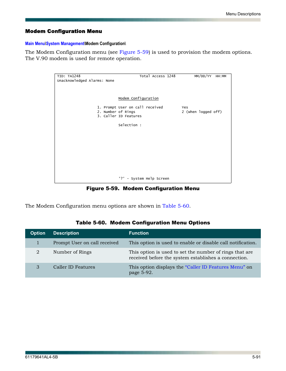 Modem configuration menu, Modem configuration menu -91, Figure 5-59. modem configuration menu -91 | Table 5-60, Modem configuration menu options -91 | ADTRAN 1248 User Manual | Page 143 / 236