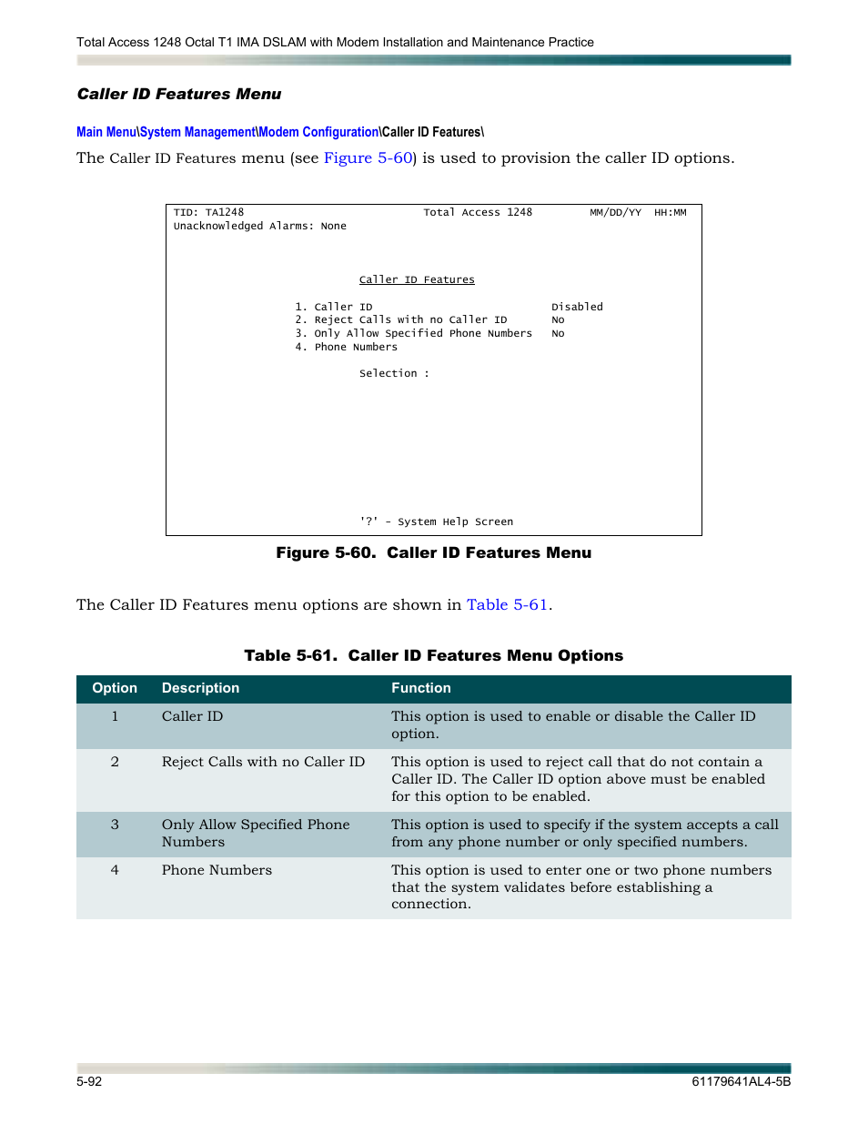 Caller id features menu, Caller id features menu -92, Figure 5-60. caller id features menu -92 | Table 5-61, Caller id features menu options -92 | ADTRAN 1248 User Manual | Page 144 / 236