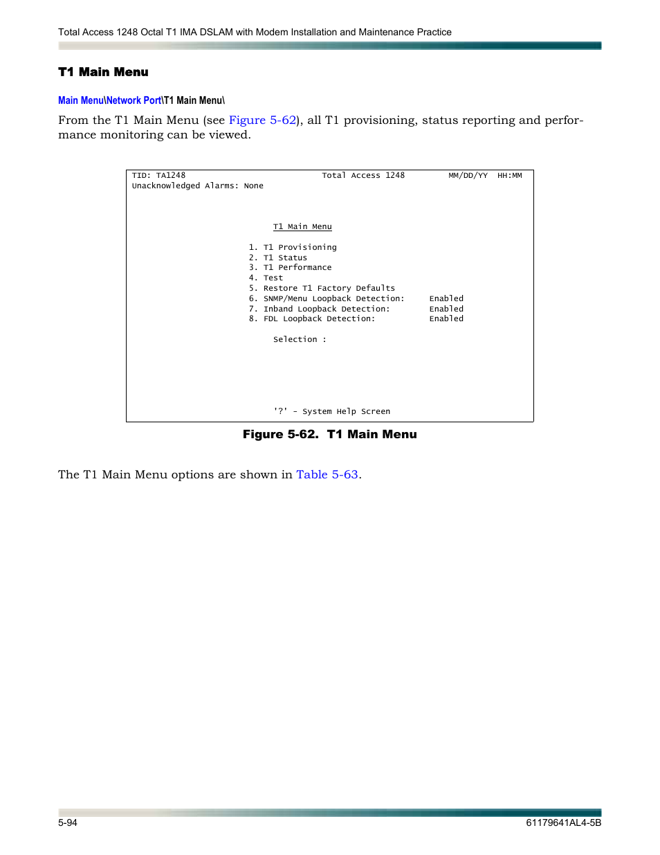 T1 main menu, T1 main menu -94, Figure 5-62. t1 main menu -94 | ADTRAN 1248 User Manual | Page 146 / 236