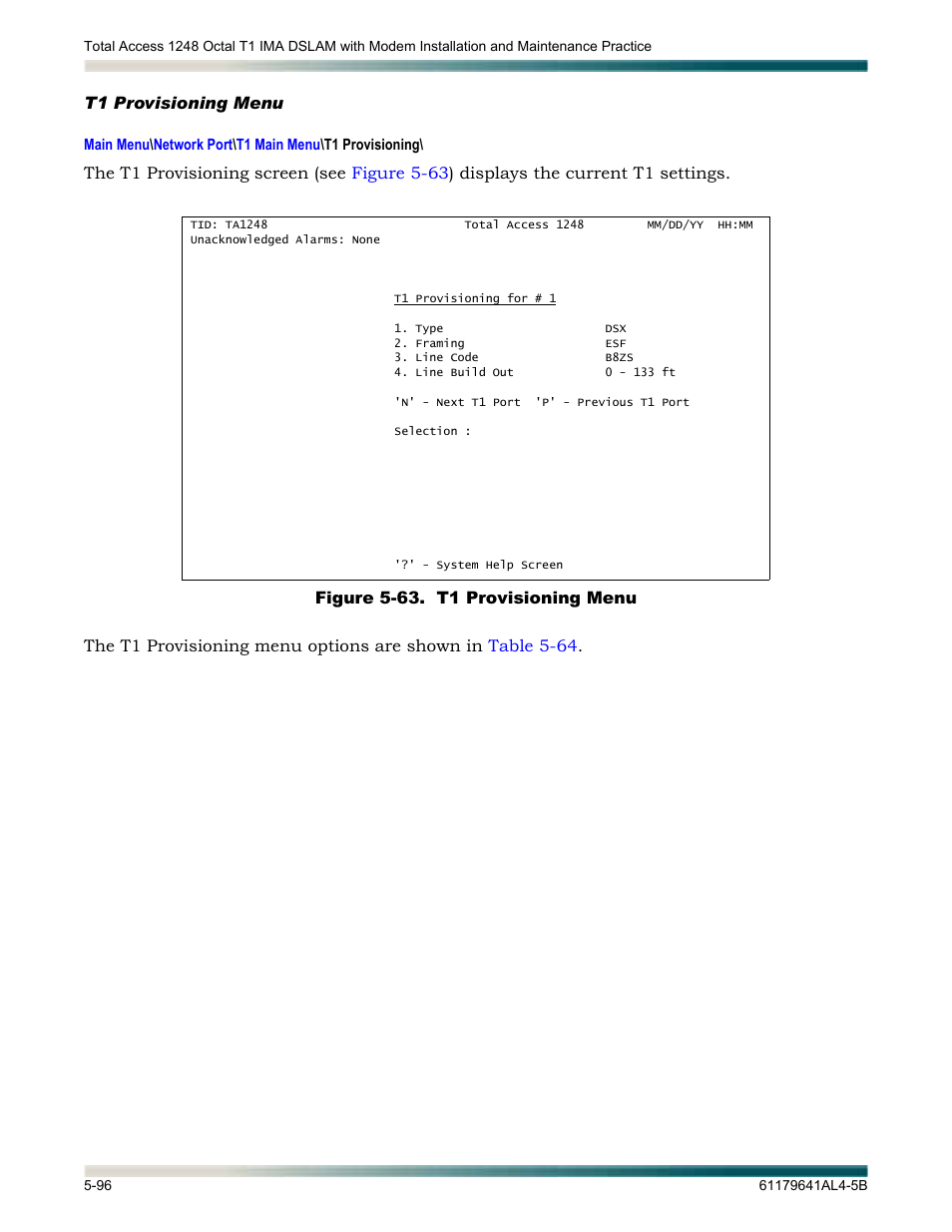 T1 provisioning menu, T1 provisioning menu -96, Figure 5-63. t1 provisioning menu -96 | ADTRAN 1248 User Manual | Page 148 / 236