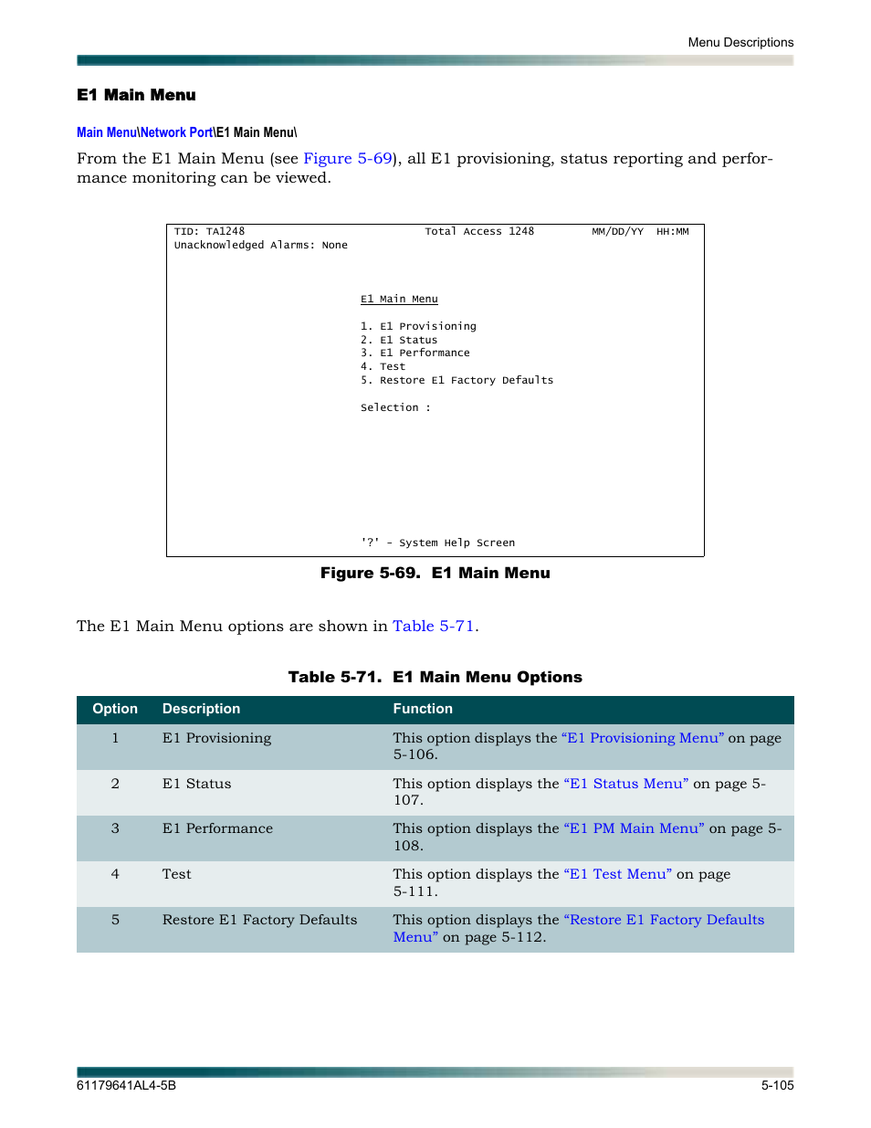E1 main menu, E1 main menu -105, Figure 5-69. e1 main menu -105 | Table 5-71, E1 main menu options -105 | ADTRAN 1248 User Manual | Page 157 / 236