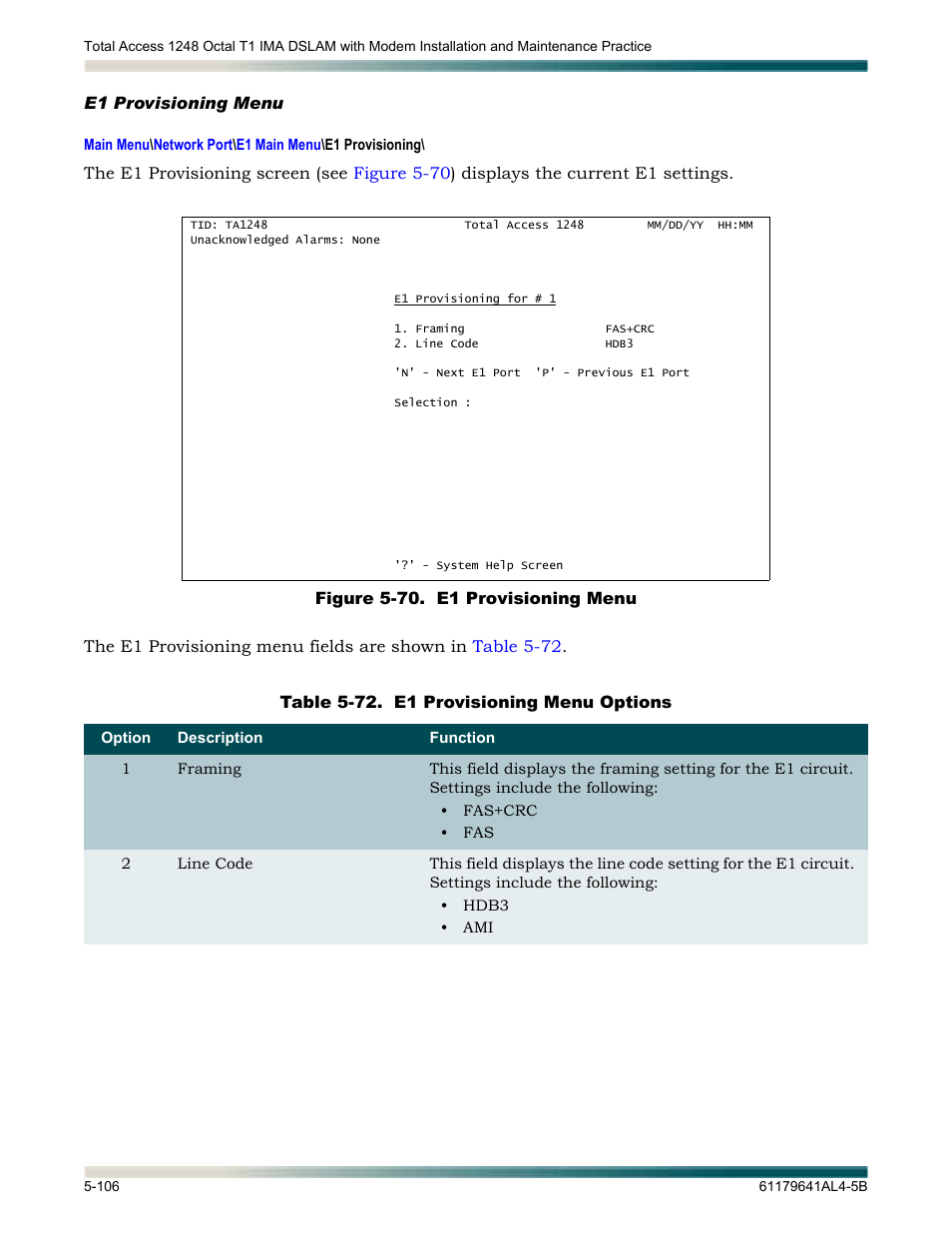 E1 provisioning menu, E1 provisioning menu -106, Figure 5-70. e1 provisioning menu -106 | Table 5-72, E1 provisioning menu options -106, Ion displays the | ADTRAN 1248 User Manual | Page 158 / 236